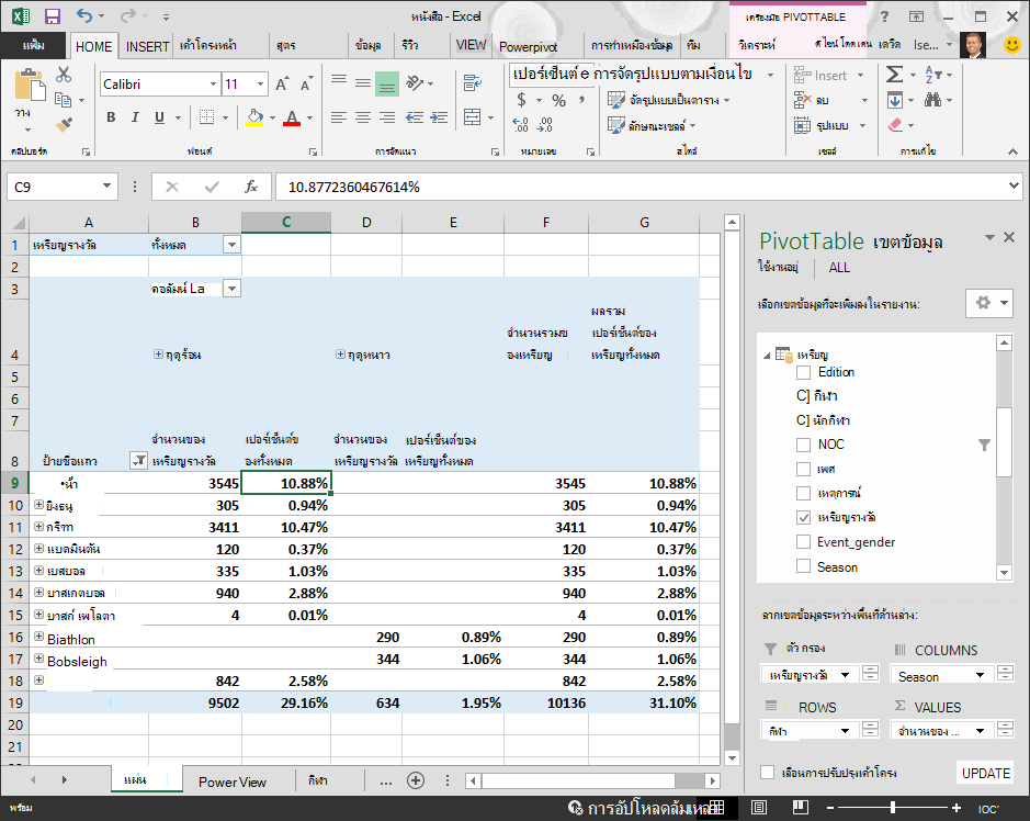 PivotTable แสดงข้อมูลค่าเปอร์เซ็นต์