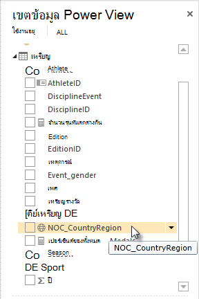 ไอคอนตำแหน่งที่ตั้งทางภูมิศาสตร์ในเขตข้อมูล Power View