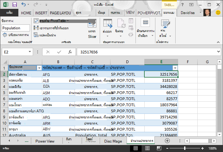 ข้อมูลประชากรที่ใส่ลงใน Excel