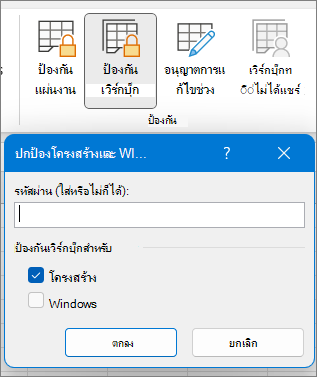 กล่องโต้ตอบ ป้องกันเวิร์กบุ๊ก