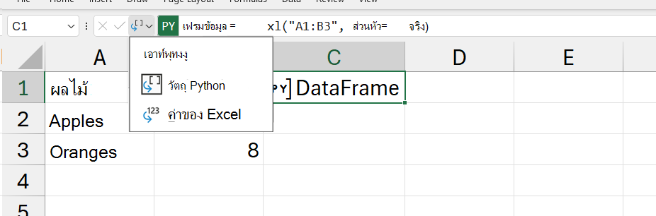 เมนูผลลัพธ์ Python ที่เปิดอยู่ใน Excel