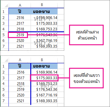 เซลล์ที่อยู่ด้านล่างหรือด้านขวาของตัวแบ่งหน้าแบบใส่ด้วยตัวเอง