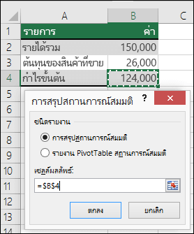 กล่องโต้ตอบสรุปสถานการณ์สมมติ