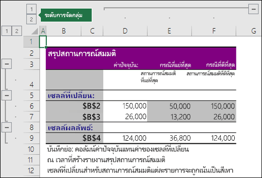 สรุปสถานการณ์สมมติด้วยการอ้างอิงเซลล์