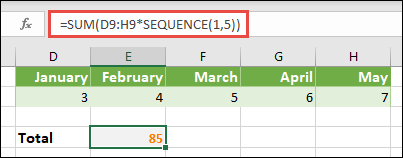 ใช้ค่าคงที่อาร์เรย์ในสูตร ในตัวอย่างนี้ เราใช้ =SUM(D9:H(*SEQUENCE(1,5))