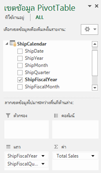 รายการเขตข้อมูล Pivot Table ของ