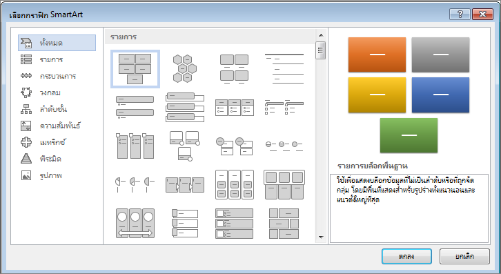 ตัวเลือกในกล่องโต้ตอบ เลือกกราฟิก SmartArt