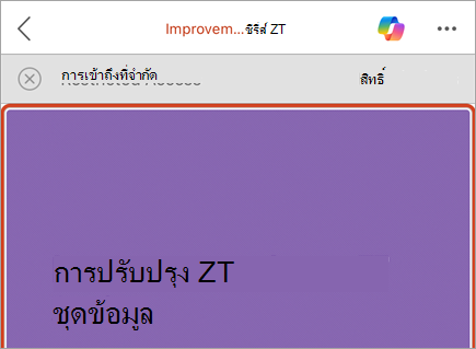 สกรีนช็อตของแถบธุรกิจที่มีปุ่ม ข้อความที่จํากัดการเข้าถึง และปุ่ม สิทธิ์