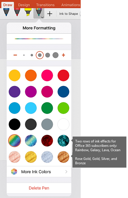 สีหมึกและเอฟเฟ็กต์สําหรับการวาดด้วยหมึกใน Office บน iOS