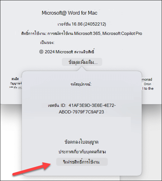 ค้นหาปุ่ม อัปเดตสิทธิ์การใช้งาน ใน Microsoft Word บน MacOS