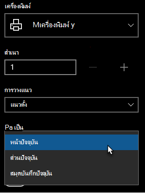 กล่องโต้ตอบเครื่องพิมพ์ที่เลือกหน้าเดียวอยู่