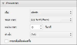 สกรีนช็อตแสดงส่วนของกำหนดเวลาในบานหน้าต่างภาพเคลื่อนไหวที่มีตัวเลือกเริ่มต้น ระยะเวลา หน่วงเวลา และการทำซ้ำ พร้อมกล่องกาเครื่องหมายสำหรับกรอกลับเมื่อเล่นเสร็จ