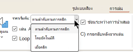 บนแท็บ เล่น สําหรับไฟล์เสียง จะมีสามตัวเลือกสําหรับเวลาที่จะเริ่มเล่นเสียง