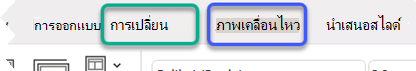 รูปภาพบางส่วนของ Ribbon ของ PowerPoint โดยเน้นแท็บการเปลี่ยนและภาพเคลื่อนไหว