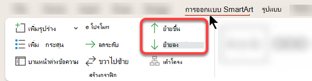 ตัวเลือก ย้ายขึ้น และ ย้ายลง ช่วยให้คุณจัดตําแหน่งแต่ละรูปร่างในกราฟิก SmartArt ได้อย่างถูกต้อง