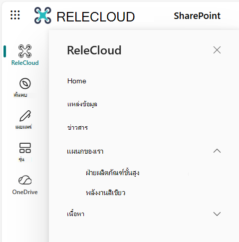 ไซต์หน้าแรกของแถบแอป SharePoint