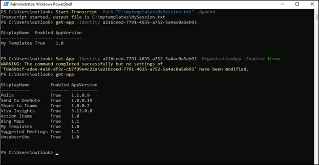 หน้าต่าง powershell Admin สําหรับ Outlook