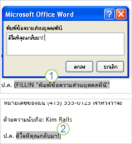 เขตข้อมูล FILLIN ที่ใช้งานอยู่