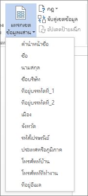 เมนู แทรกเขตข้อมูลผสาน ของเขตข้อมูลที่พร้อมใช้งาน