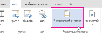 รูปของปุ่ม หัวกระดาษ & ท้ายกระดาษ ใน Word Online