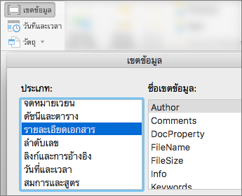สกรีนช็อตที่แสดงโค้ดเขตข้อมูลที่ถูกกรองตามประเภทข้อมูลเอกสาร