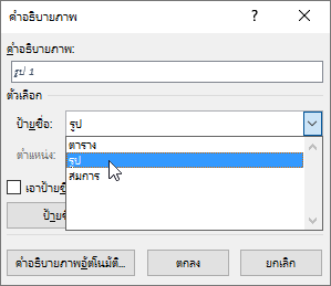 ใช้กล่องโต้ตอบคำอธิบายภาพเพื่อตั้งค่าตัวเลือกสำหรับคำอธิบายรูปภาพ ตาราง และสมการของคุณ