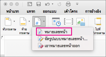 บนแท็บ หัวกระดาษ & ท้ายกระดาษ ให้คลิก หมายเลขหน้า บนเมนู หมายเลขหน้า เพื่อเพิ่มหมายเลขหน้า