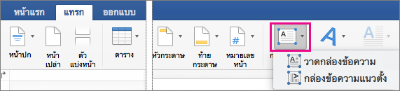 กล่องข้อความถูกเน้นบนแท็บ แทรก