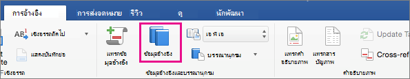 บนแท็บ การอ้างอิง จะมีข้อมูลอ้างอิงไฮไลต์อยู่