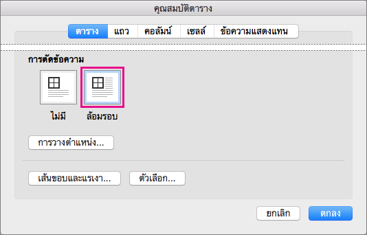 คลิก รอบ เพื่อให้มีการตัดข้อความรอบๆ ตารางที่เลือก