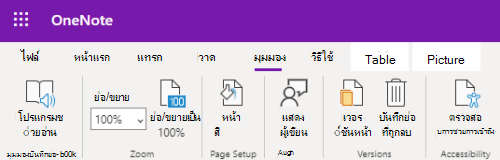 ตัวควบคุมการย่อ/ขยายในแอป OneNote สำหรับเว็บ