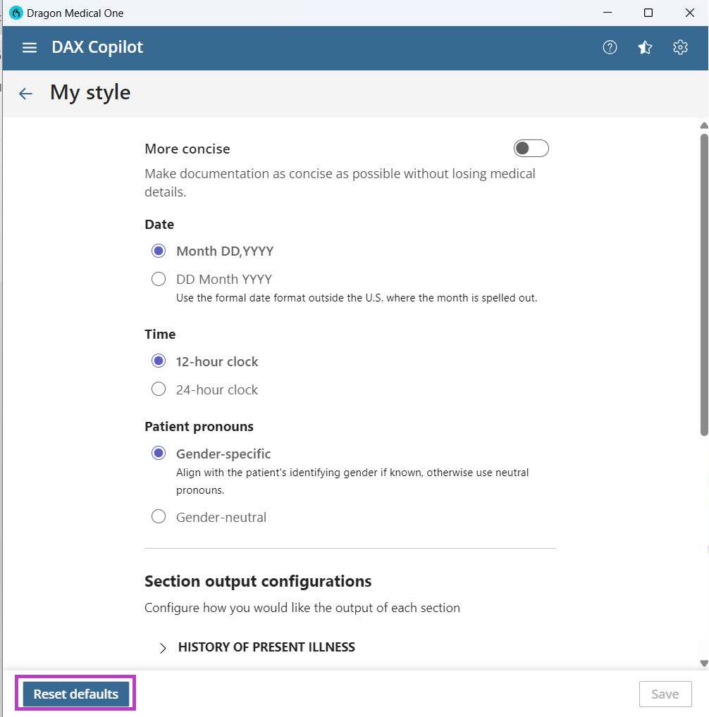 Settings page in DAX Copilot showing style options for documentation, date/time, pronouns, and section formatting. Includes a Reset defaults button.