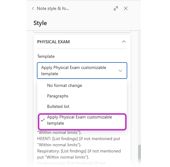 Physical exam section with physical exam customizable template option highlighted.