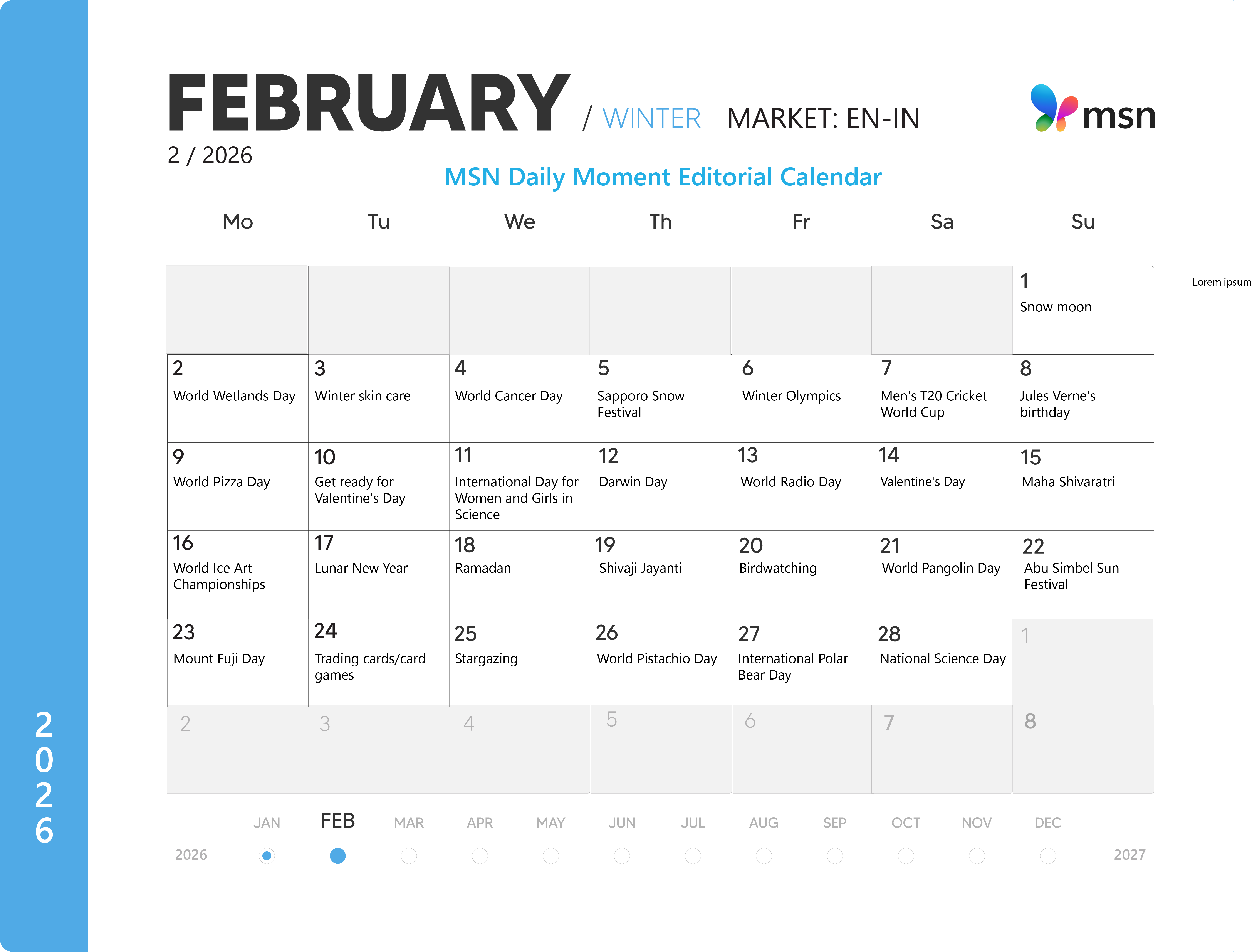 บทบรรณาธิการช่วงเวลาประจําวันของเดือนกุมภาพันธ์ 2026 Calendar EN-IN