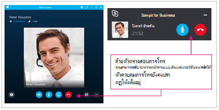 สกรีนช็อตของหน้าต่าง Skype for Business แบบสมบูรณ์และหน้าต่างขนาดย่อ
