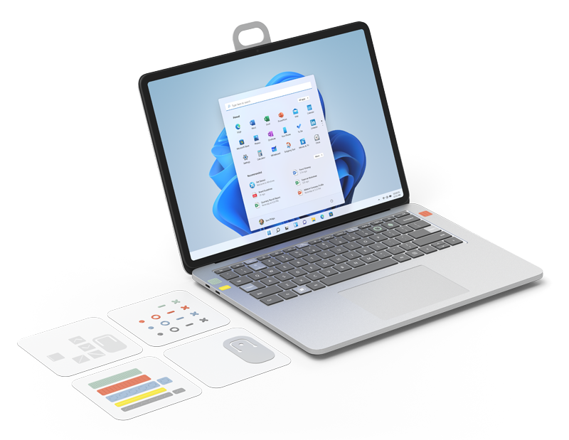 รูปภาพของ Surface Laptop และ Surface Headphones ที่มีป้ายของชุดแบบอะแด็ปทีฟแนบอยู่