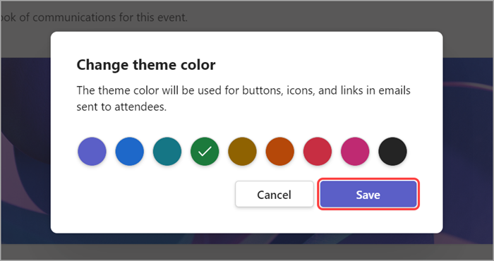 สกรีนช็อตของ UI ที่เน้นที่แสดงวิธีการเปลี่ยนสีธีมของการประชุมทั้งบริษัท