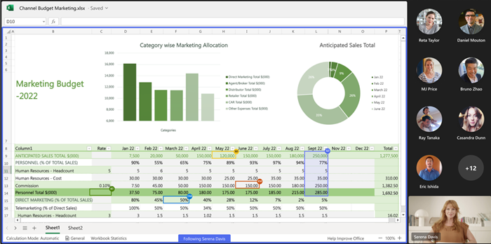 สกรีนช็อตของหน้าจอผู้เข้าร่วม (ผู้ดู) ระหว่างเซสชัน Excel Live ใน Teams