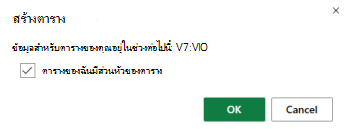 กล่องโต้ตอบ สร้างตาราง ที่มีกล่องกาเครื่องหมายถูกเลือกไว้สําหรับตัวเลือก ตารางของฉันมีส่วนหัวของตาราง
