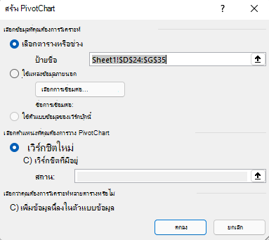 แทรกกล่องโต้ตอบ PivotChart ใน Excel สําหรับ Windows ที่แสดงช่วงเซลล์ที่เลือกและตัวเลือกเริ่มต้น