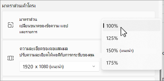 สกรีนช็อตตัวเลือกมาตราส่วนและเค้าโครง