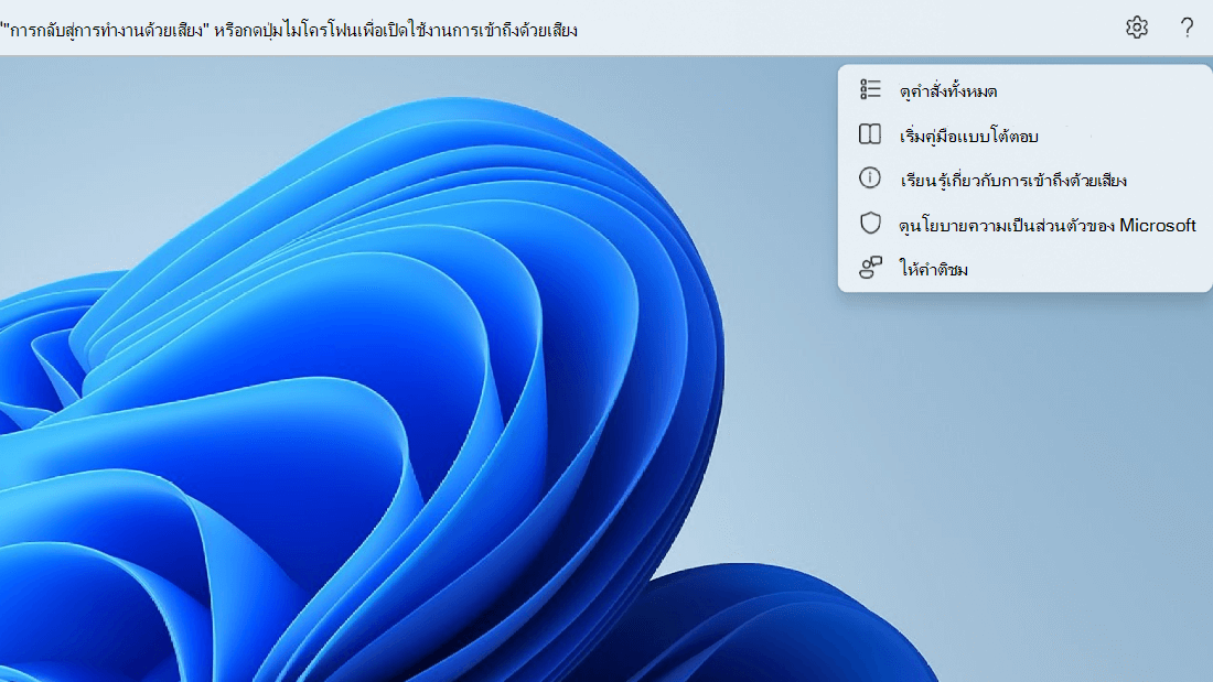 ปุ่มวิธีใช้ที่ด้านขวาสุดของ UI การเข้าถึงเสียงถูกขยายเพื่อแสดงตัวเลือกต่างๆ