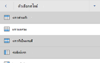 Word for Android เมนูตัวเลือกสไตล์ตาราง