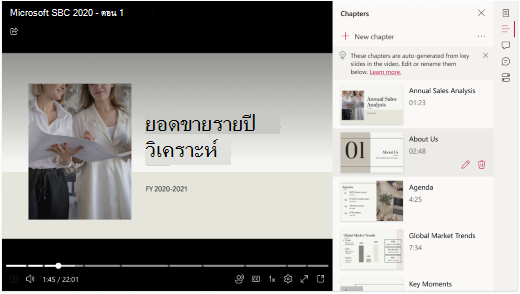 วิดีโอเปิดอยู่ในเบราว์เซอร์ ทางด้านขวาของวิดีโอ แผงจะแสดงรายการบทที่สร้างขึ้นโดยอัตโนมัติจาก PowerPoint