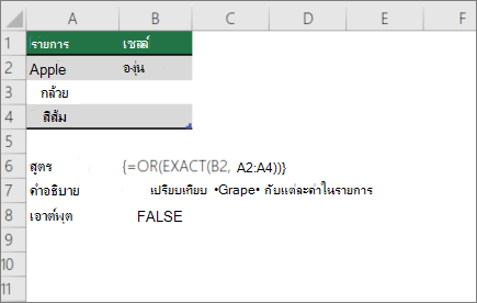 ตัวอย่างการใช้ฟังก์ชัน OR และ EXACT เพื่อเปรียบเทียบค่าหนึ่งกับรายการค่า