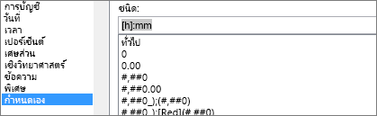 กล่องโต้ตอบจัดรูปแบบเซลล์ คําสั่งแบบกําหนดเอง ชนิด [h]:mm