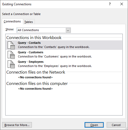 กล่องโต้ตอบ Connectios ที่มีอยู่ใน Excel จะแสดงรายการของแหล่งข้อมูลที่ใช้อยู่ในปัจจุบันในเวิร์กบุ๊ก