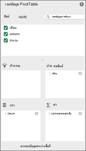ตัวอย่างของกล่องโต้ตอบรายการเขตข้อมูล PivotTable ของ Excel