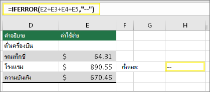 เซลล์ H4 กับ =IFERROR(E2+E3+E4+E5,--)