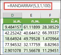 ฟังก์ชัน RANDARRAY ที่มีอาร์กิวเมนต์ Min, Max & Decimal